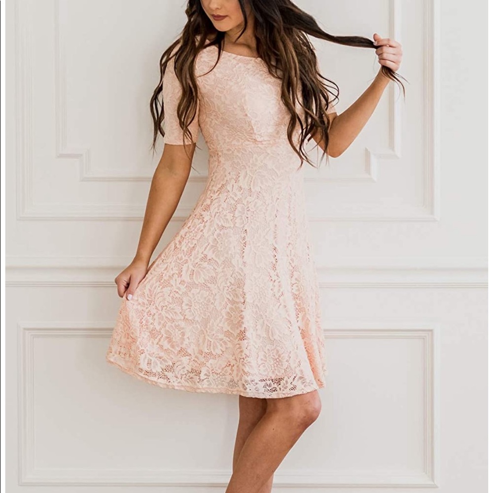 Mikarose Sloan Modest Blush Lace Dress 3/4 sleeve